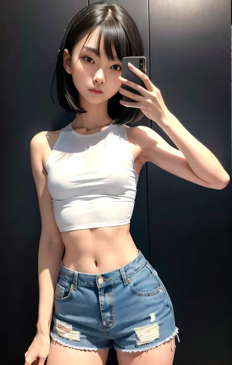 Ala Fed Asian Woman in White Tank Top and Denim Shorts Poses for Photo, photo of slim girl model, thin waist, skinny waist and thick hips, 2 4 years old female model, flat-chest, Wearing a sexy cropped top, Physical : tinyest midriff ever, Photo of slim gi...