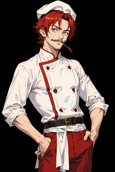 closeup view, best quality, 1 male, adult, is 40 years old, has a small mustache, attractive, handsome, anime artstyle, lazy and bored facial expression, is an anime character, has big finely detailed eyes, has shaggy red ruby hair on the side, wears a whi...