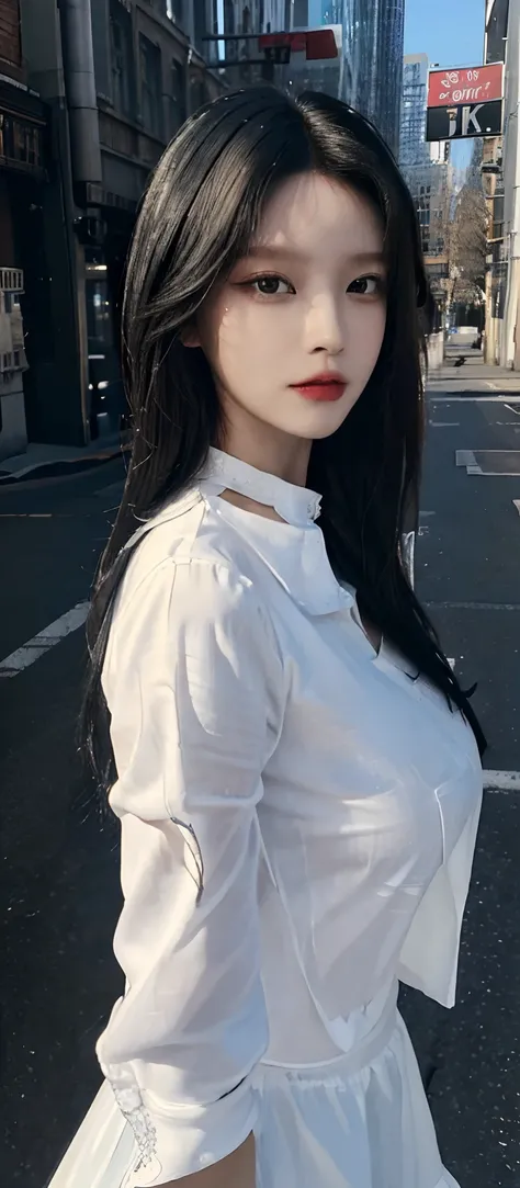 ((Best quality, 8k, Masterpiece :1.3)), Sharp focus :1.2, A pretty woman with perfect figure :1.4, Slender abs :1.2, ((black hair, collar, Big breasts :1.2)), (White button up long shirt :1.1), City street:1.2, Highly detailed face and skin texture, Detail...