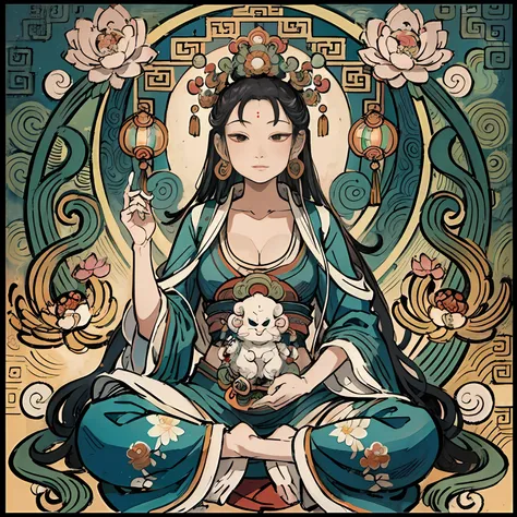 an ancient chinese goddess, guanyin of the southern seas, guanyin, inspired by india, avalokiteshvara bodhisattva phoenix，,seren...