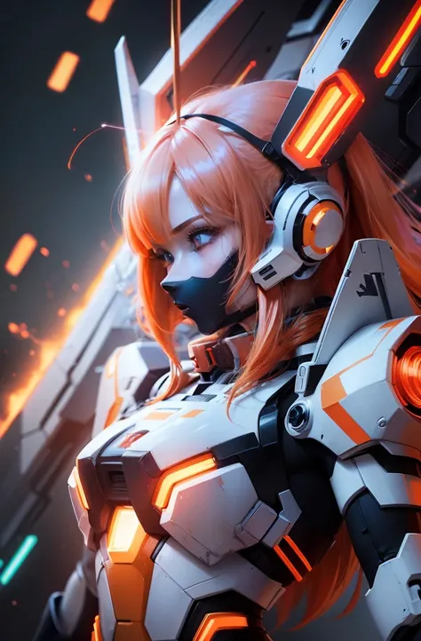 Female, neon body effect, orange neon effect, red neon effect, yellow neon effect, white neon effect, background neon effect, background detail, gundam, high resolution, high detail, high quality, orange hair, 16x9 potret