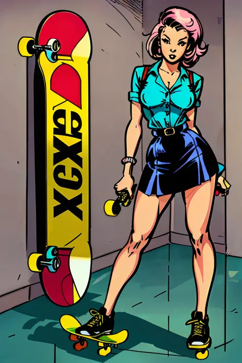 ((a  cartoon sticker, skinny, pin up, 50s style , holds a skateboard in her hand)), retro outfit, she is wearing a skirt, skate pose, full body shot,