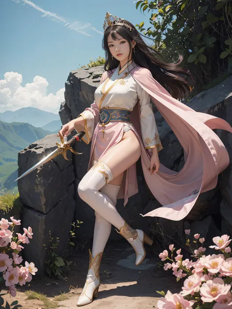 Royal sister，swordsmen，Big sister type，Oriental women，gallant woman，A female disciple of the Emei School，Cold sass，tmasterpiece，A high resolution,,Absolutely beautiful,，looking toward the viewer，full bodyesbian，frontage，（Wide buttock：1.3），（Thick legs：1.4），...