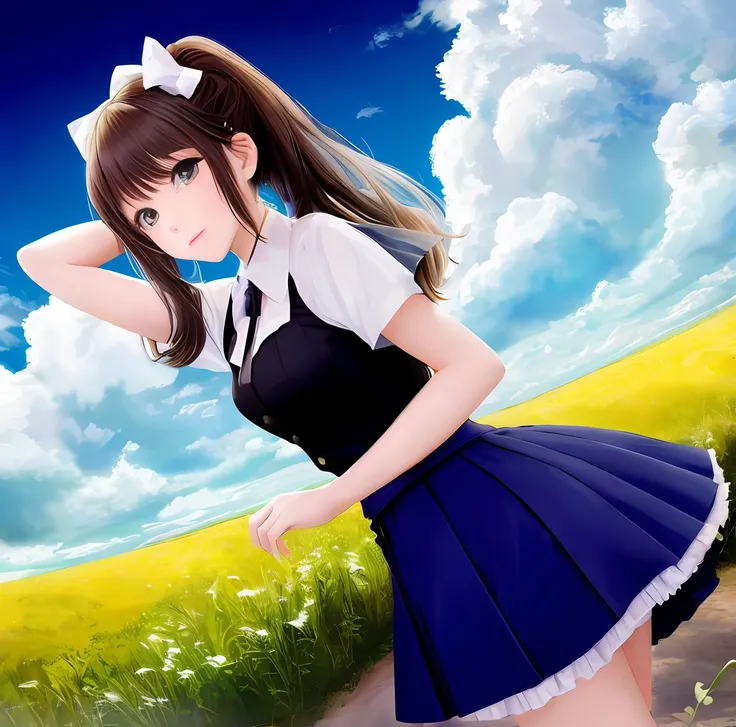 The best masterpieces，dual horsetail，Lolita prostitute，brunette color hair，with blue sky and white clouds，A high resolution，Puffy skirt