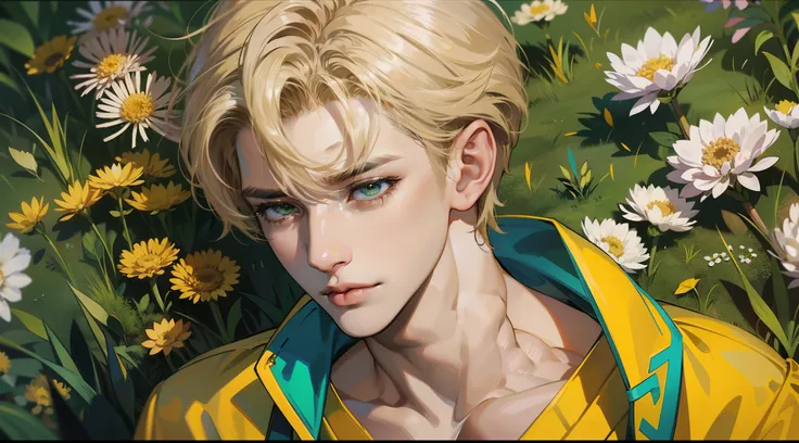 Personification of dandelions、1 Handsome Boy、Sateen、stormy、abdominals、pectoral muscles、Yellow and green clothes、Stylish、Tears、Sad face、Lumpy、One muscular boy、独奏、beige blonde hair