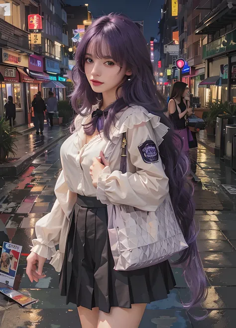 (photorealistic:1.4), best quality, masterpiece, ultra high res, 1girl, (detailed face:1.2), (detailed eyes:1.2), (detailed hair:1.2), (detailed clothes:1.2), 4k, (detailed color:1.2), (purple hair:1.2), (holding a bag:1.2),