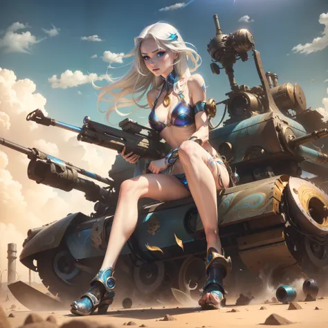 Masterpiece, Best Quality, Girls, Slender, Blue Eyes, Hair Color, Iridescent, Long Hair Spreading, White Skin, Medium, Cute, Sexy, Near Future, Bikini, Exposed Skin, Night, Psychedelic, Trip, Extreme Color, Paisley Theme, Open Legs, Mechanical Left Arm, Fu...