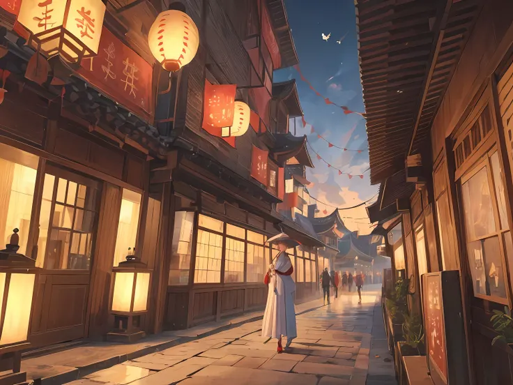 buliding， east asian architecture， scenecy， Lanterns， pagoda， exteriors， Skysky， paper lanterns， ​​clouds， The bird， build， The tree， standing on your feet， mont， bru， halter， A girl holds an oil-paper umbrella， daysies， tmasterpiece， Best quality at best，...