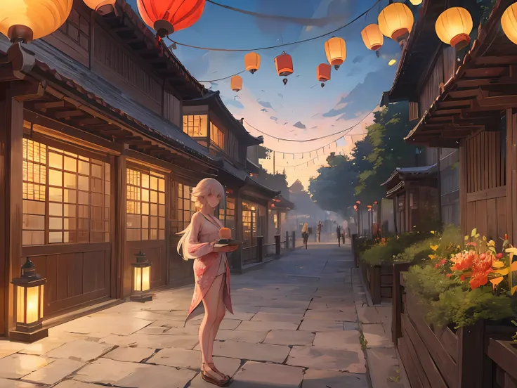 buliding， east asian architecture， scenecy， lanterns， pagoda， exteriors， Skysky， paper lanterns， ​​clouds， The bird， build， The tree， standing on your feet， mont， bru， halter， multipel Girls， 6+Libido boy， daysies， tmasterpiece， Best quality at best，the ni...