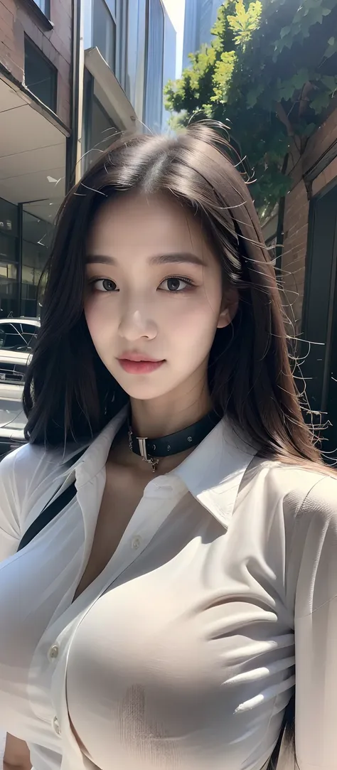 ((Best quality, 8k, Masterpiece :1.3)), Sharp focus, face focus, selfie, A pretty woman with perfect figure, Slender abs, ((black hair, collar, Big breasts)), (White button up long shirt), City street, Highly detailed face and skin texture, Detailed eyes, ...