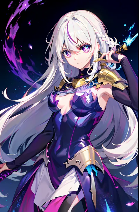 Colorful, 1 girl, White hair, Purple eyes, Sexual, double hilt, sword, hand sword, blue flame, glitters, shiny weapon, Light particles, the wallpaper, color difference,