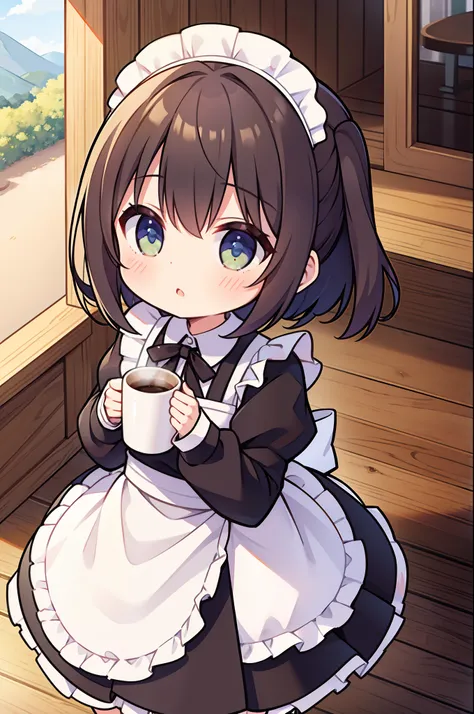 girl with maid outfit, cafe, coffee mug