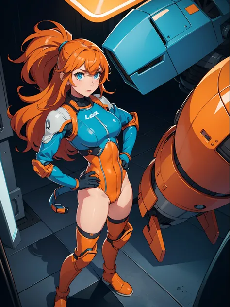 1girl, solo, leotard, bare legs, boots, dynamic standing pose, gloves, orange hair, blue eyes, glow, hands on hip, giant robot pilot