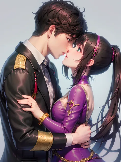 England Guy with Light skin, medium black hair, heterochromia, his left eye is orange and his right eye is green, he uses emo clothes, and is kissing a asian woman with Medium black hair with a front purple bang, white skin, pink eyes, goth clothes