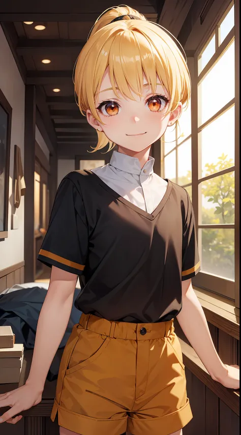 little boy, short blonde hair, high ponytail, Orange Eyes, Smile, Aristocrats shirt, Shorts, Masterpiece, hiquality