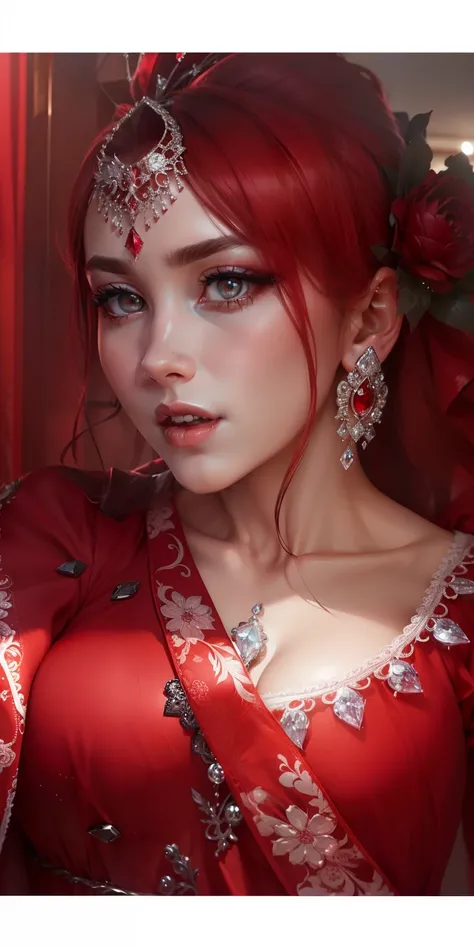 Red wedding Dress, ((Ultra Quality face) Beautiful Breast, (( Night Room)  Beautiful eye, No Change Face, 4K quality, Diamond necles,