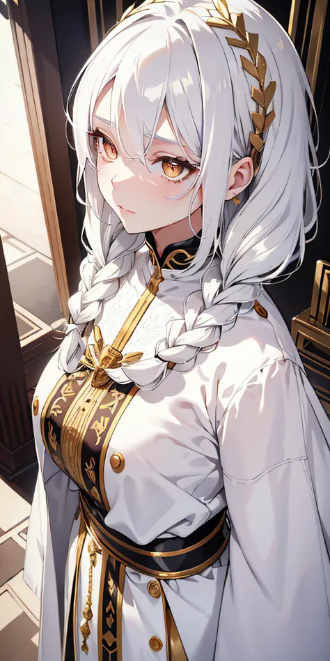 best quality, masterpiece,white hair, gold eyes,white clothes, looking up, upper body,hair strand,Fair skin,side braids