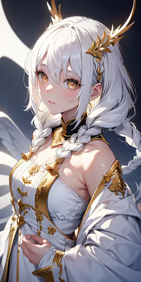 best quality, masterpiece,white hair, gold eyes,white clothes, looking up, upper body,hair strand,Fair skin,side braids