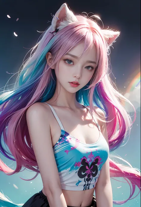 （tmasterpiece、best qualtiy、A high resolution），white backgrounid，（（paint splatter，splash of color，Splash ink、Color splattering）），，Sweet Chinese girl，Rainbow hair，Pink lips，frontage，The upper part of the body，8K,Ultra-clear image quality