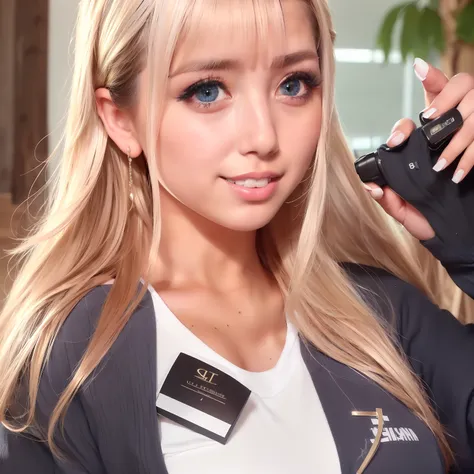 8K,The ultra -The high-definition,top-quality,​masterpiece,masuter piece,Photoreal Stick,(女の子1人:1.2),a blond,Beautiful facial features,big eye,skin tanned,hi-school girl,(close-up of face),smile,(No pause)