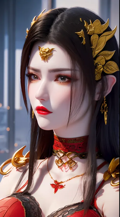 1 very beautiful queen medusha in hanfu dress, thin red silk shirt with many yellow motifs, black lace top, long hair dyed black, beautiful hair jewelry, pretty face pretty and cute, perfect face, earring jewelry, head and hair jewelry, antique jewelry, bi...