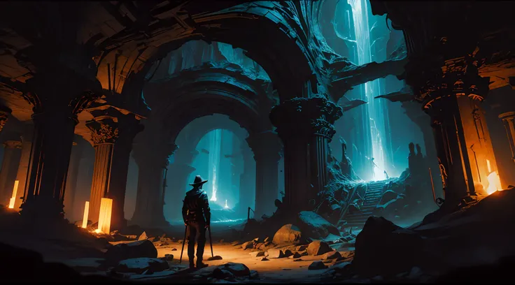 An explorer man inside a cavern. Inspired by Paul Lehrs style. dim lit. macabre. horror. dark. thousand columns.  --s 1000