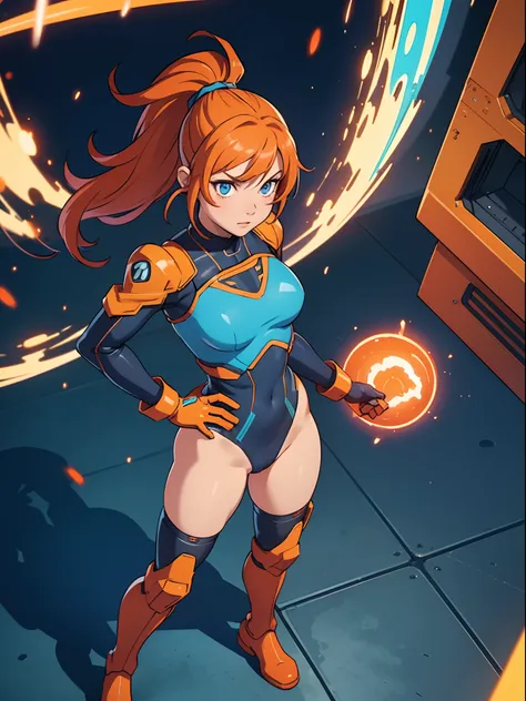 1girl, solo, leotard, bare legs, boots, dynamic standing pose, gloves, orange hair, blue eyes, glow, hands on hip, giant robot pilot, ponytail, powering up