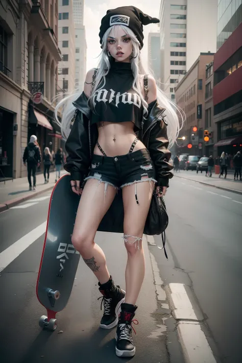 goth, alt, hot girl with long white hair and beanie, with headphones, red crop top, ripped jeans, skateboard, skater girl, grunge, sexy, pretty teen, tall