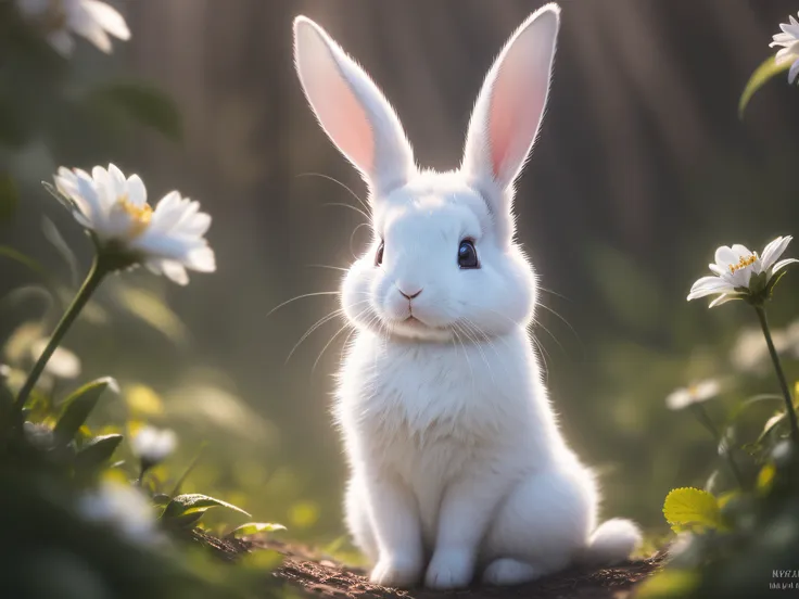 close-up photo of a white rabbit in the enchanted forest，deep in the night，in the forest，contre-jour，glowworm，volume fog，halo，bl...