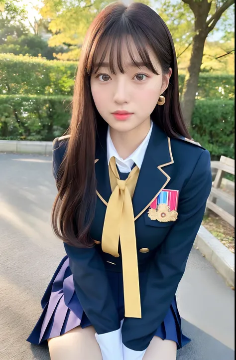 Close up portrait of woman walking in park in uniform、Japan Person Model、Young Sensual Gravure Idol、Young cute gravure idol、Realistic Young Gravure Idol、Realistic sensual gravure idol、Young gravure idols、sophisticated gravure idol、奈良美智、Young skinny gravure...