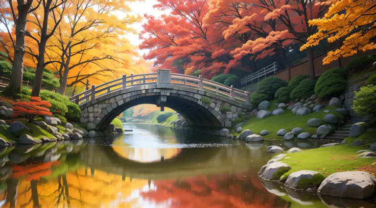 Alafed Bridge over a creek in a park with red leaves, japan nature, aomori japan, japan deeper travel exploration, Japanese maple, in autumn, kyoto japan setting, in autumn, rich picturesque colors, beginning of autumn, beautiful high resolution, during au...