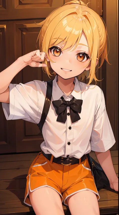 little boy, short blonde hair, high ponytail, Orange Eyes, Smile, Aristocrats shirt, Shorts, Masterpiece, hiquality