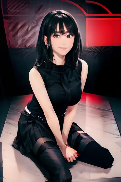 a black skirt, neck tie, Black tank top, long black hair, Gray eyes, holster, Garter belt on the legs, large full breasts, hands above your head, Moderate, Pichi Pichi clothes, both sides