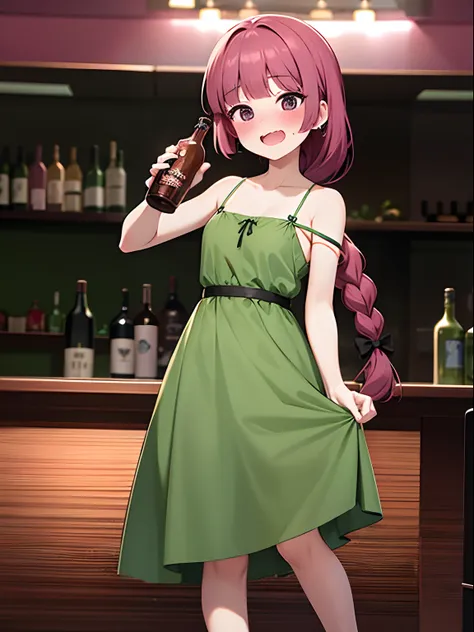 dark pink hair, braided ponytail, bangs, long green dress, strap slip, bare shoulders, black ribbon, blushing, standing, opened ...