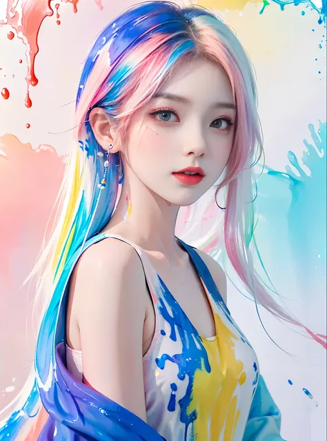 (Masterpiece, Best Quality, High Resolution), White Background, ((Paint Splash, Color Splash, Splash of Ink, Color Splash)),, Sweet Chinese Girl, Rainbow Hair, Peach Lips, Front, Upper Body