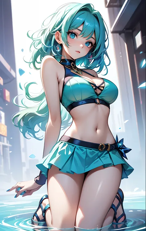 best qualityer，tmasterpiece，Ultimate resolution，downy，Extremely colorful，Colorful，waters，Sexy beauty，Short blue-green hair，blue bikini，huge tit，Crop topping，short  skirt，Bare legged，（Kneeling pose），sandals，Blue manicure，Normal posture