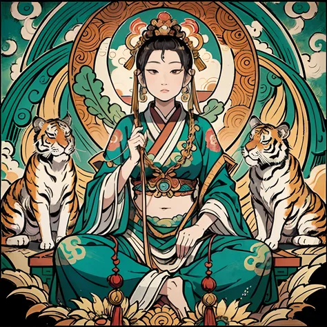 an ancient chinese goddess, guanyin of the southern seas, guanyin, inspired by india, avalokiteshvara bodhisattva tiger，,serene ...