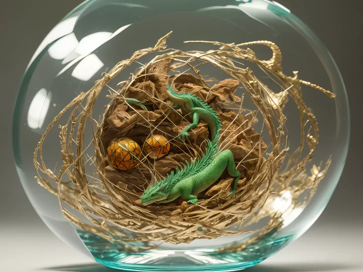 Dragon encapsulated, A detailed and life-like dragon enclosed in a transparent spherical habitat, Mid-flight with a forested mountain backdrop, The juxtaposition of fantasy and reality, Realistic photography, Macro lens with a f/2.8 aperture for sharp focu...