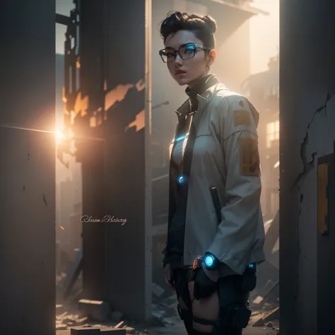 ((Best quality)), ((masterpiece)), (highly detailed:1.3), 3D,Shitu-mecha, beautiful cyberpunk women with her mecha in the ruins of city from a forgoten war, ancient technology,HDR (High Dynamic Range),Ray Tracing,NVIDIA RTX,Super-Resolution,Unreal 5,Subsur...