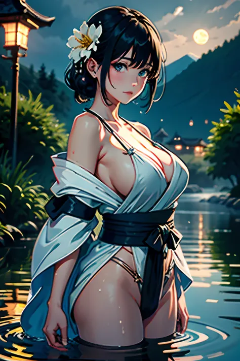 1girl, breasts, moon, lantern, night, solo, large breasts, hair ornament, wet, kimono, japanese clothes, wading, water, hair flower, flower, outdoors, sky, full moon, rain, black hair, off shoulder, mountain, cloud, holding, sash, bare shoulders, paper lan...