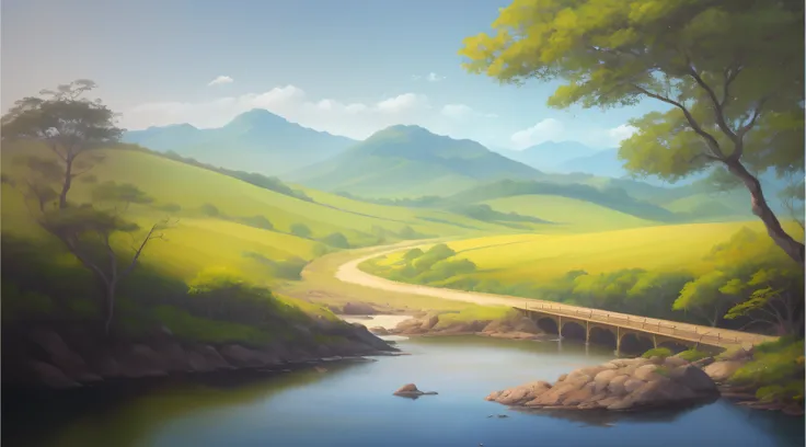 pintura de uma paisagem de montanha com um riacho e uma ponte, papel de parede de paisagem, Pintura digital 4k, Arte bonita UHD 4K, Pintura digital 4K, Pintura digital fosca 4K HD, arte de fundo, Pintura Digital HD, Pintura Digital HDR, pintura digital bon...