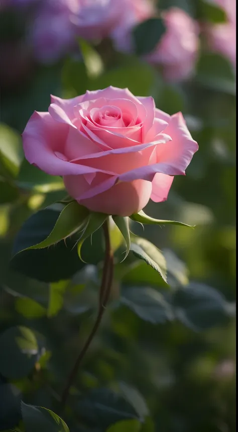 pink roses grow in the bushes in the garden, pink rose, roses in cinematic light, pink rosa, rose twinings, photo of a rose, ann...