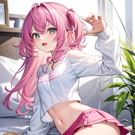 tmasterpiece）， Best quality at best， Expressive eyes， s the perfect face， Beautiful illustration， Best quality at best， cute female child， Bedrooms， with pink hair， cheerfulness， mini-skirts， White color blouse， two sides up， （（clothes open））， （sexyposture...