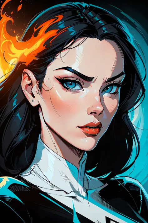 woman with black hair and grey eyes and a white face skinny , beautiful comic art, martin ansin artwork portrait, by Galen Dara, gorgeous art, stunning art style, martin ansin, lois van baarle and rossdraws, cyan and orange, fire and ice, beautiful artwork...