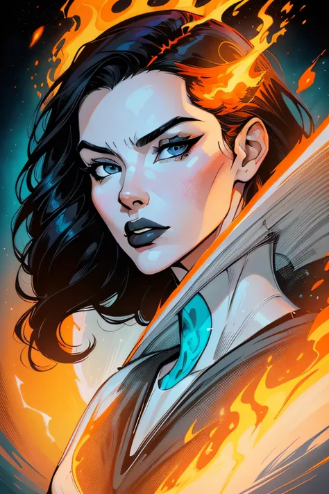 woman with black hair and grey eyes and a white face skinny , beautiful comic art, martin ansin artwork portrait, by Galen Dara, gorgeous art, stunning art style, martin ansin, lois van baarle and rossdraws, cyan and orange, fire and ice, beautiful artwork...