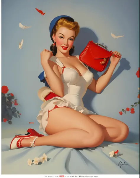 painting of a woman in a white dress holding a red purse, gil elvgren style, pinup art, gill elvgren, artgerm and gil elvgren, vintage pin up, elvgren, by Gil Elvgren, girl pinup, pinup girl, pin-up poster girl, pin up girl, pinup, pin - up girl