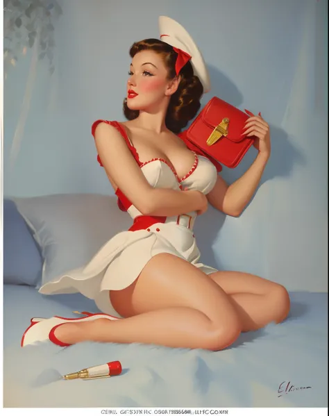 painting of a woman in a white dress holding a red purse, gil elvgren style, pinup art, gill elvgren, artgerm and gil elvgren, vintage pin up, elvgren, by Gil Elvgren, girl pinup, pinup girl, pin-up poster girl, pin up girl, pinup, pin - up girl