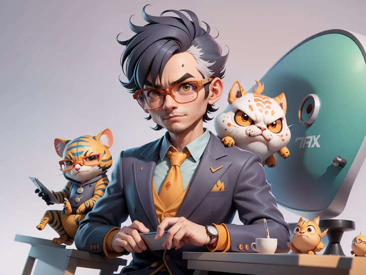 A young man in a suit, Short hair and glasses sat at his desk，holding laptop，digitial painting，tigre，3D character design by Mark Clairen and Pixar and Hayao Miyazaki and Akira Toriyama，4K HD illustration，Very detailed facial features and cartoon-style visu...