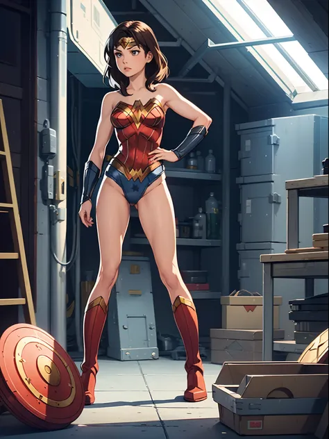 1girl, solo, ((leotard, bare legs)), boots, standing, hands on hip, Wonder Woman