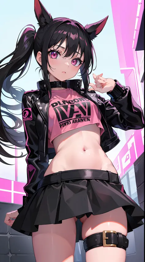 young girl, Long black hair in two ponytails, pink eyes, punk, leather jacket, Upskirt, open belly, open breasts, Masterpiece, hiquality